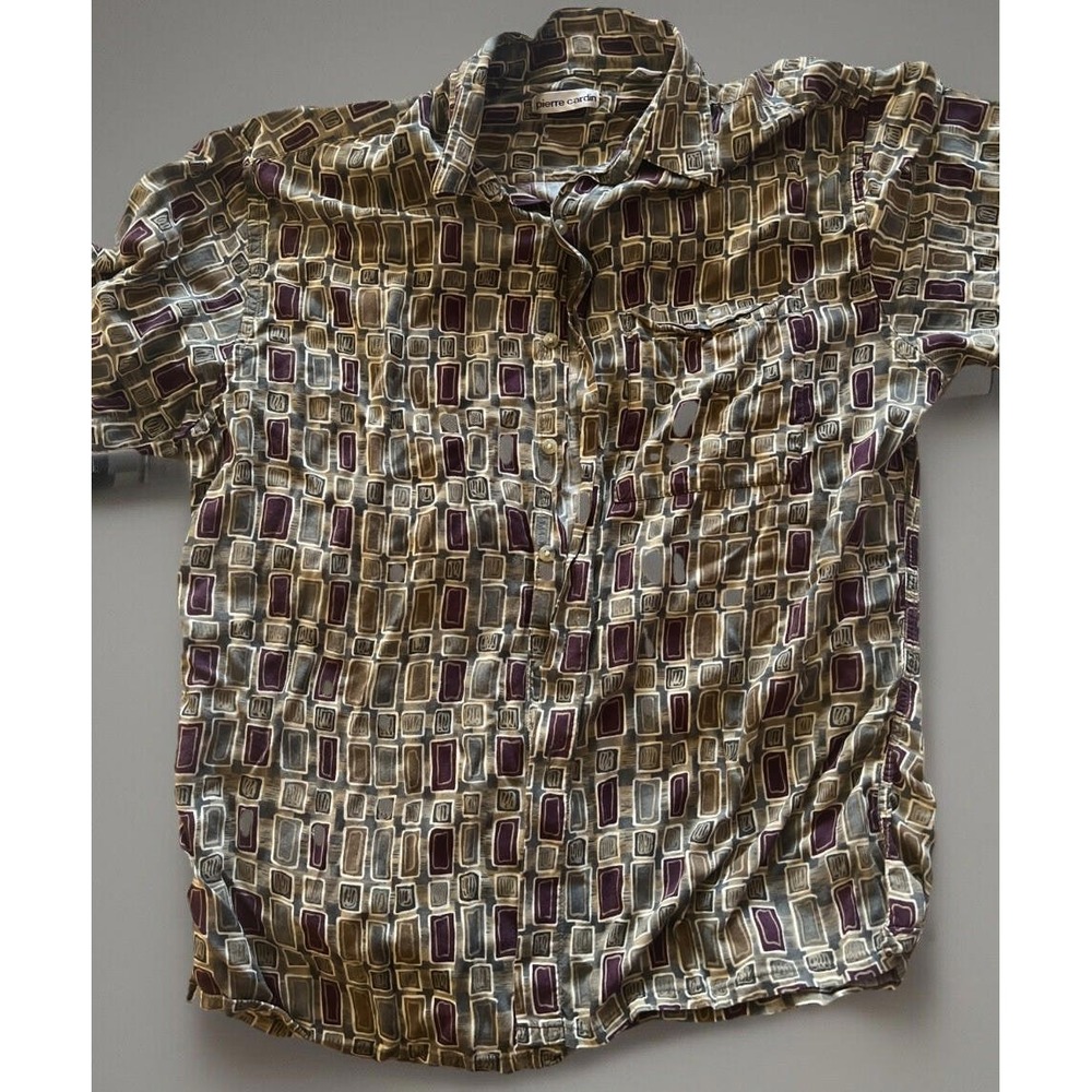 Vintage Pierre Cardin Tan All Over Print Short‎ Sleeve Shirt Mens Large Rayon